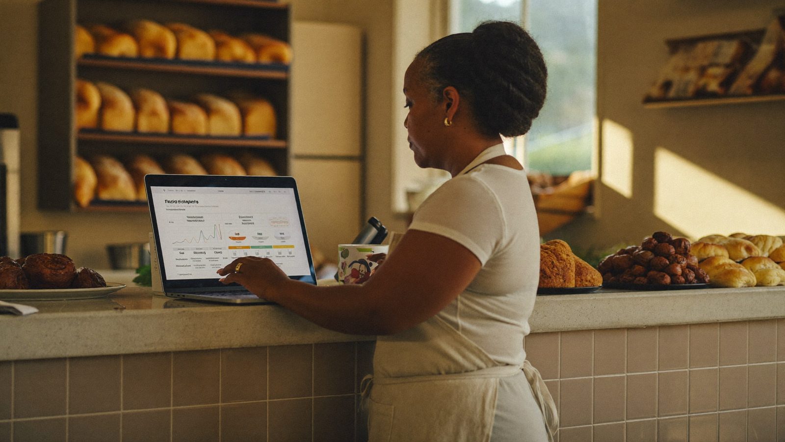 A small business owner reviews ad spend and marketing numbers on a laptop at a service counter