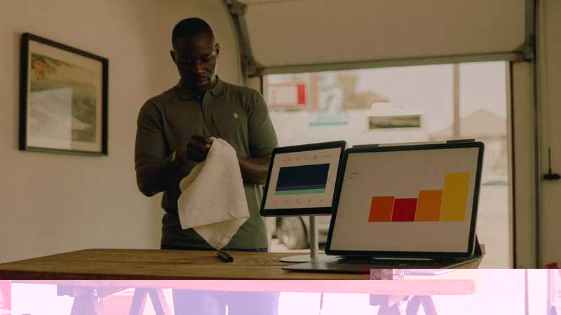 A small business owner glances at a tablet showing a simple dashboard while working at a garage workbench