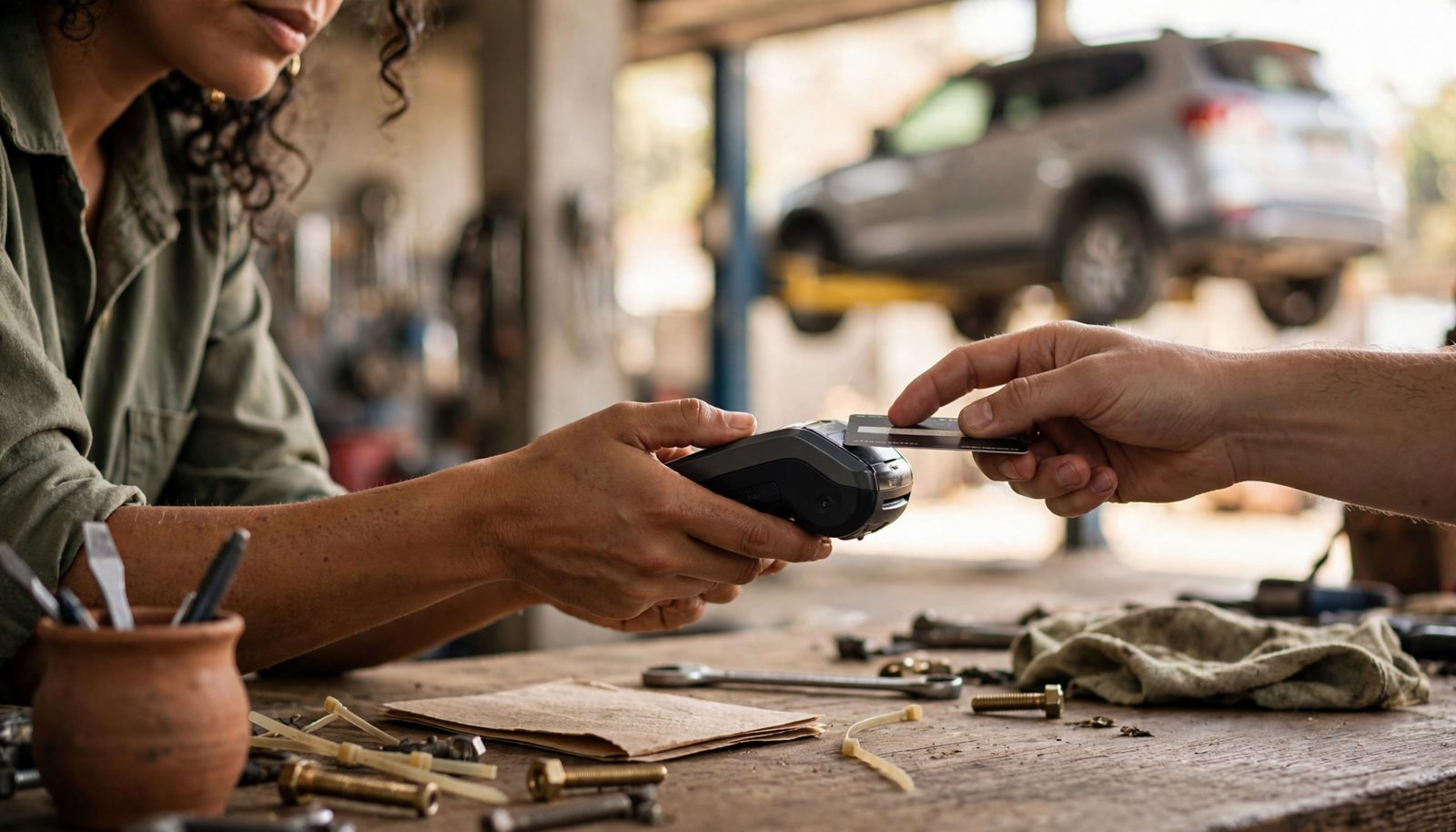 A shop owner holds a handheld card terminal at a repair shop counter while a customer taps a card, the service bay blurred behind