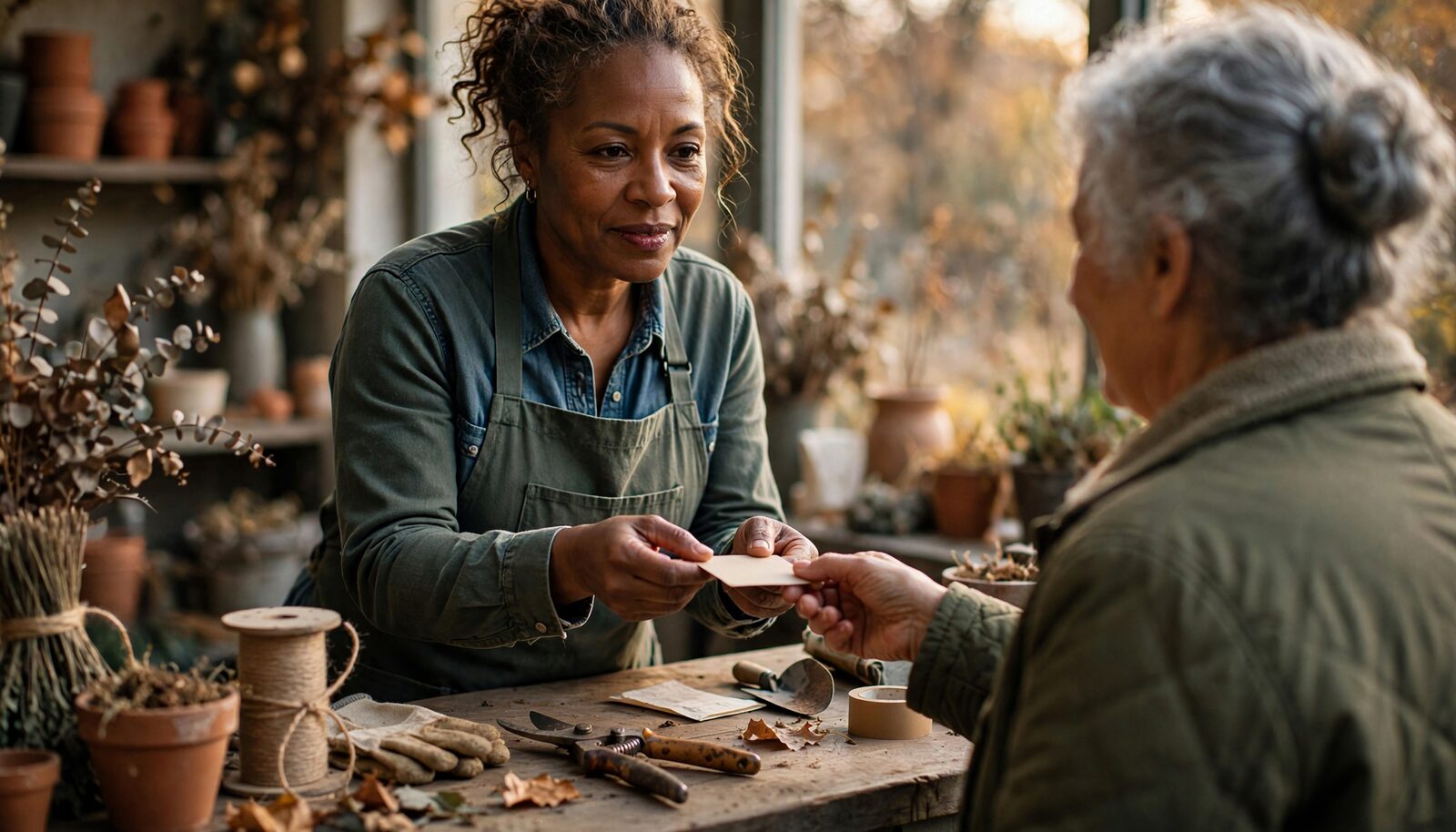 A landscaper at the counter of her garden supply shop hands a small card across to a customer in warm autumn light