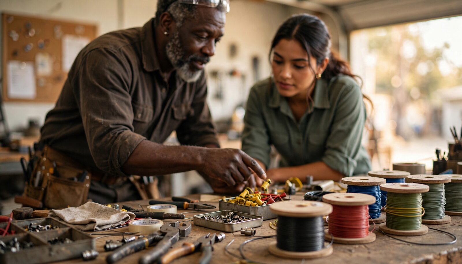 An electrician showing a new hire how to organize wire spools and connectors on the shop workbench