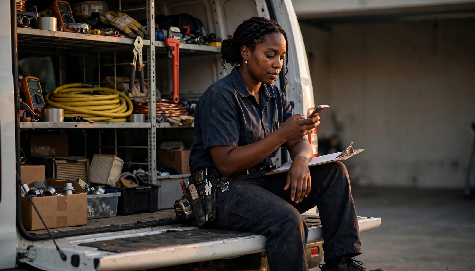 A contractor checking a phone for a client message while reviewing paperwork at a job site table