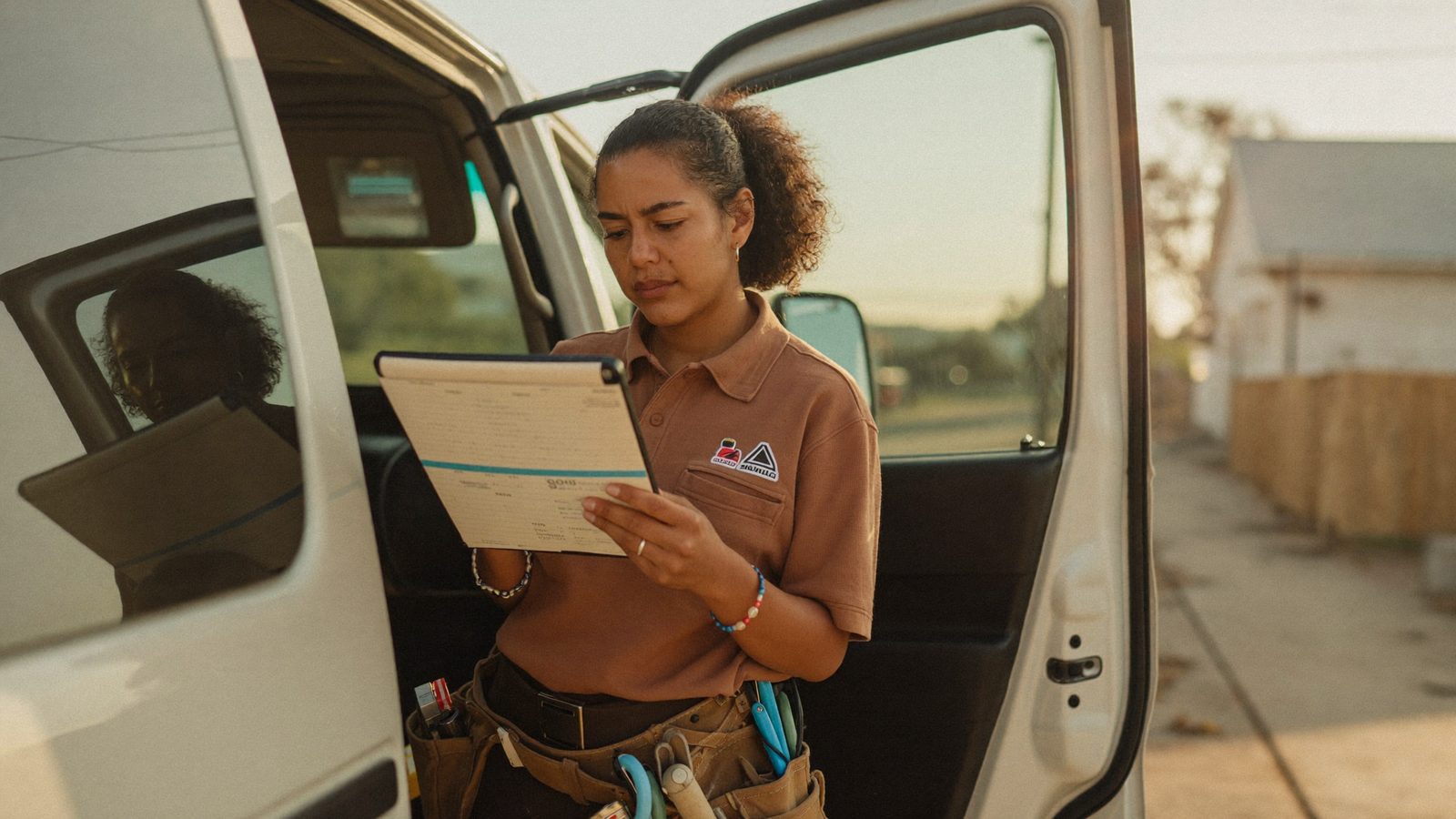 A Latina electrician checks a job schedule on a tablet at the open doors of her service van at sunrise