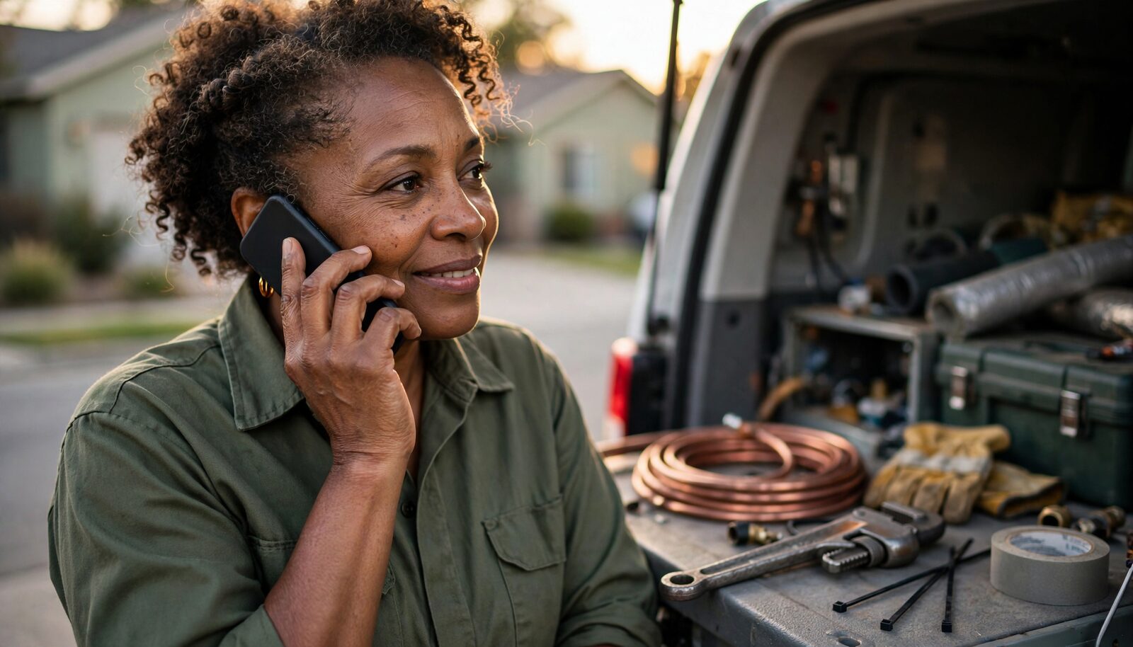 A Black woman in an olive work shirt takes a phone call beside the open cargo door of her HVAC van, copper tubing and tools out of focus behind her