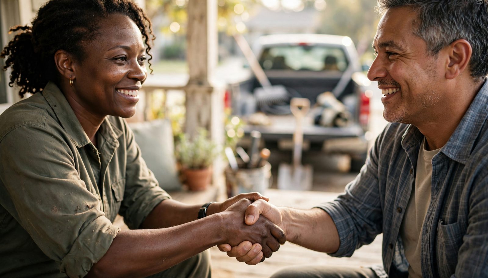 A landscaper and a homeowner shake hands on a sunlit front porch as a job is agreed