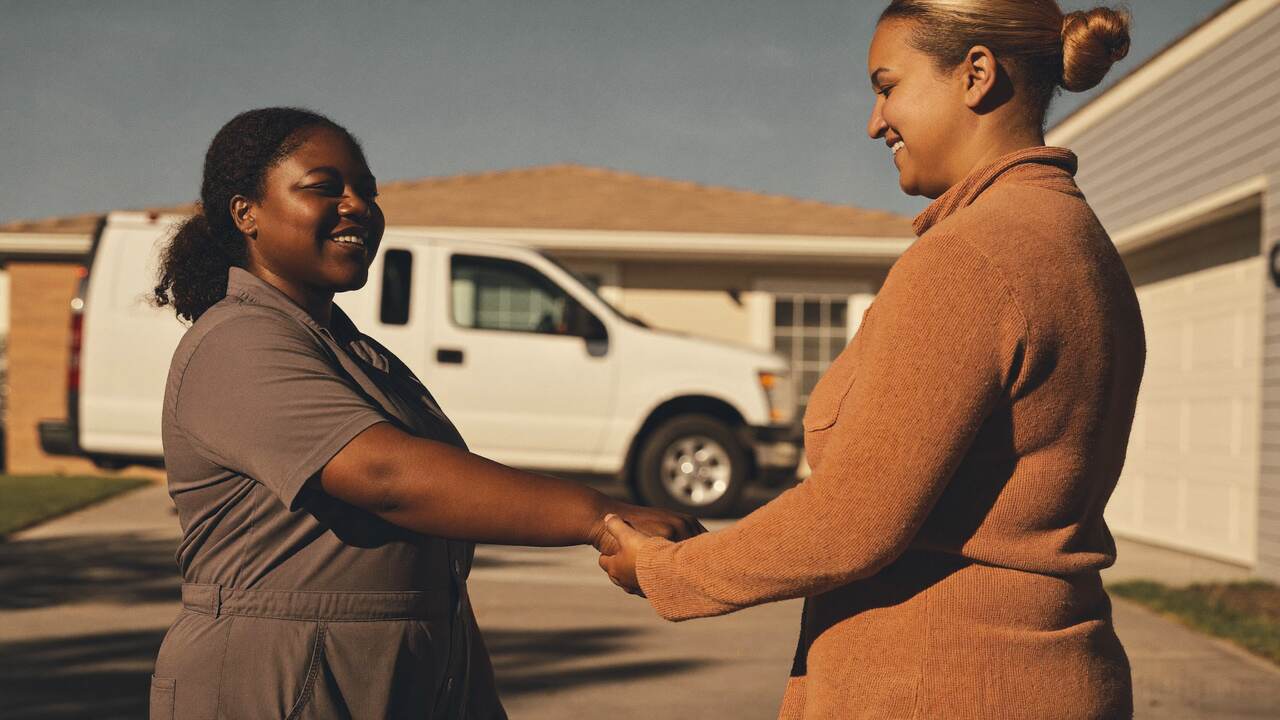 A Black woman home service technician in coveralls shakes hands with a smiling homeowner in a sunlit driveway
