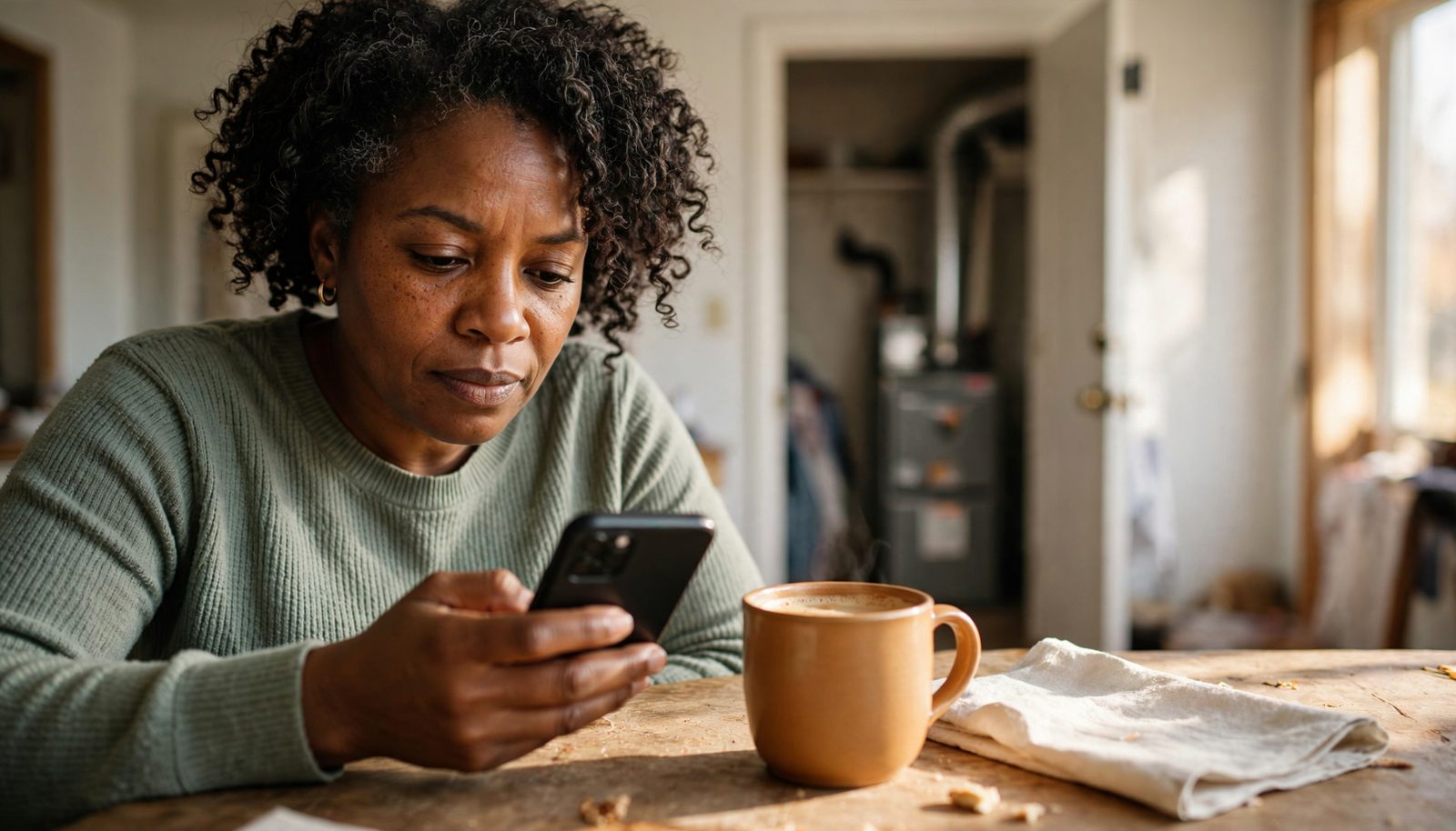A woman at a sunlit kitchen table holds her phone and considers it, a coffee mug beside her and a utility closet out of focus behind