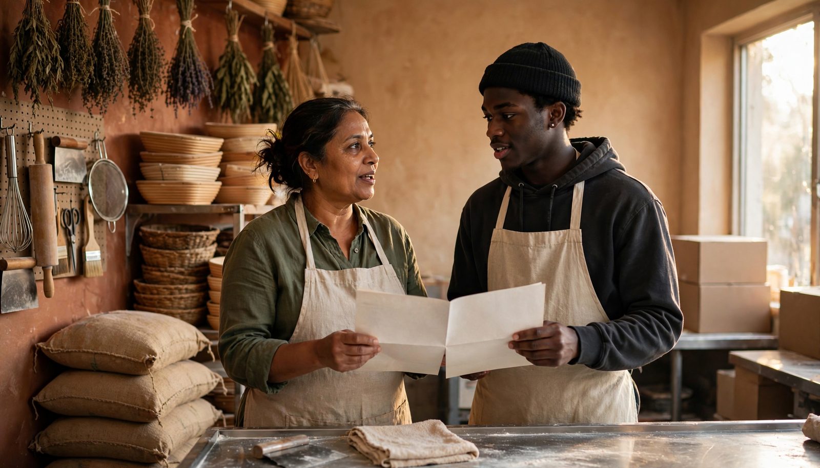 A bakery owner and a young employee reviewing a handwritten schedule sheet together at a flour-dusted counter