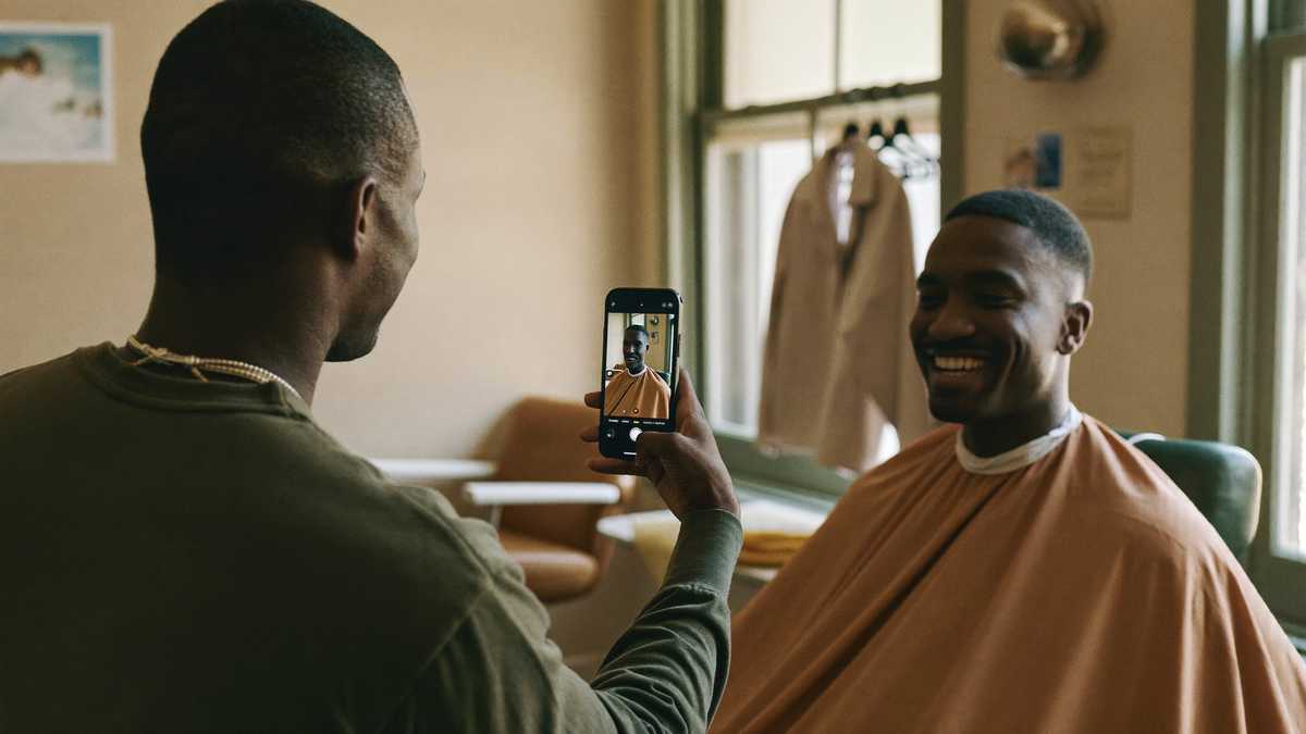 A Black barbershop owner films a customer's video testimonial on his phone at the front counter of his shop, both smiling in warm afternoon light