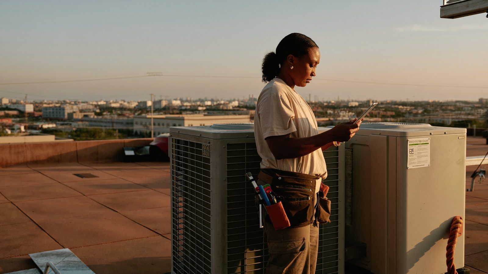 A tradesperson checking a tablet on a jobsite in warm morning light