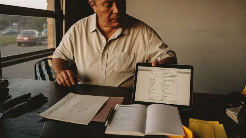 A small-business owner shows a tablet with a simple customer list to a colleague at a cluttered desk with handwritten notes