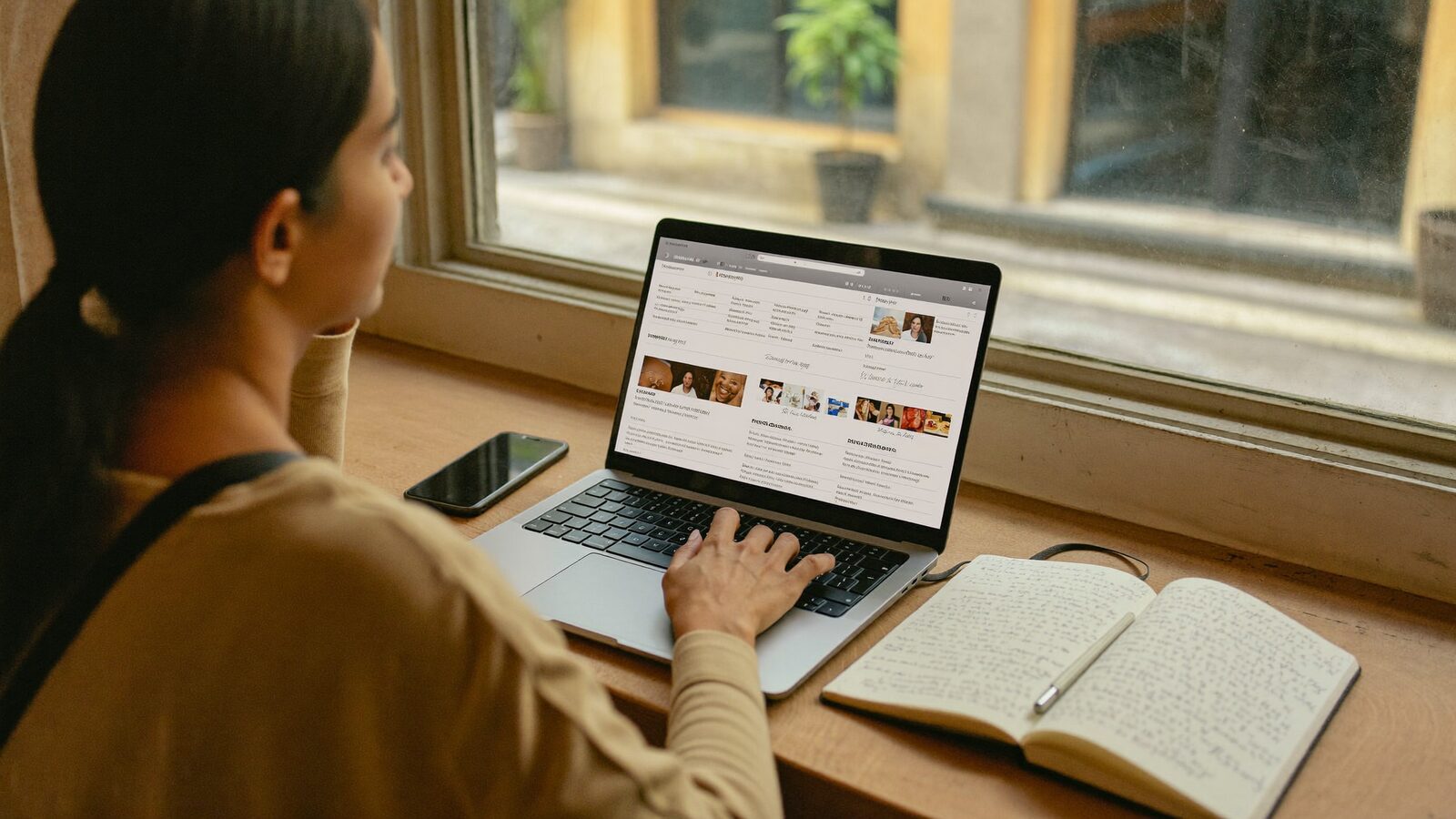 A small business owner checks an email newsletter dashboard on a laptop at a sunlit desk