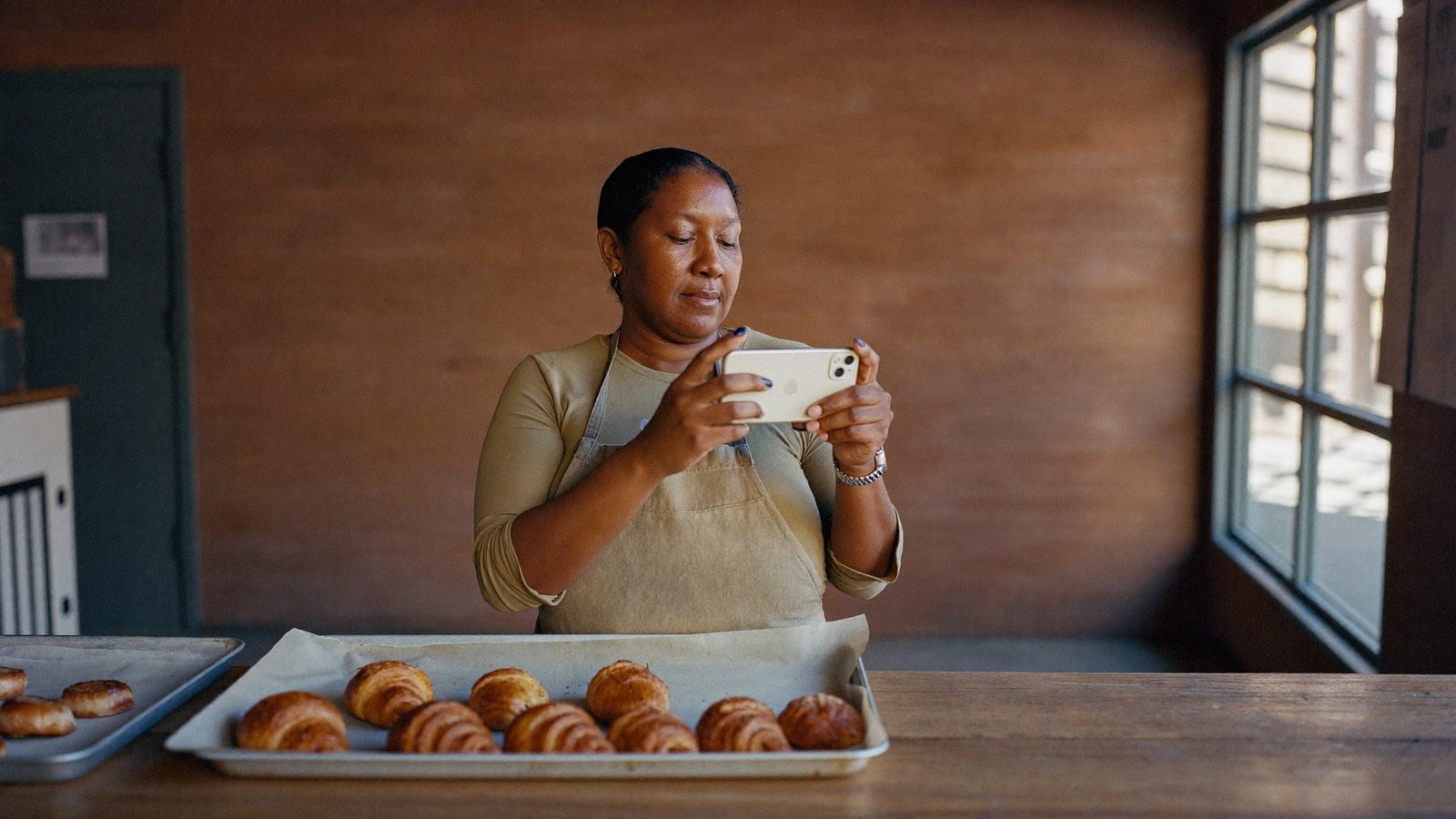 A bakery owner photographs a fresh pastry tray on her counter to update her online business listing