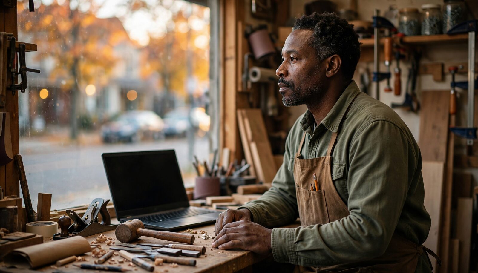 A cabinetmaker stands at the front counter of his woodworking shop in autumn light, looking out the window toward the street