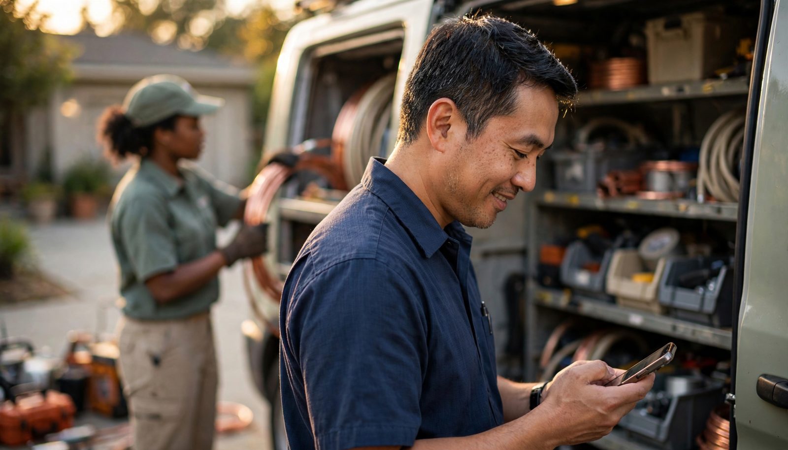 An HVAC technician smiles at his phone beside an open service van while a colleague loads copper tubing in the background
