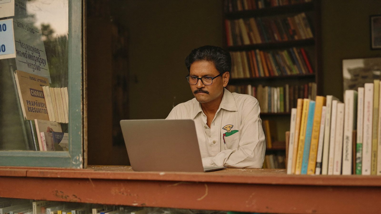 A small business owner reviewing website accessibility issues on a laptop at the front counter of her shop