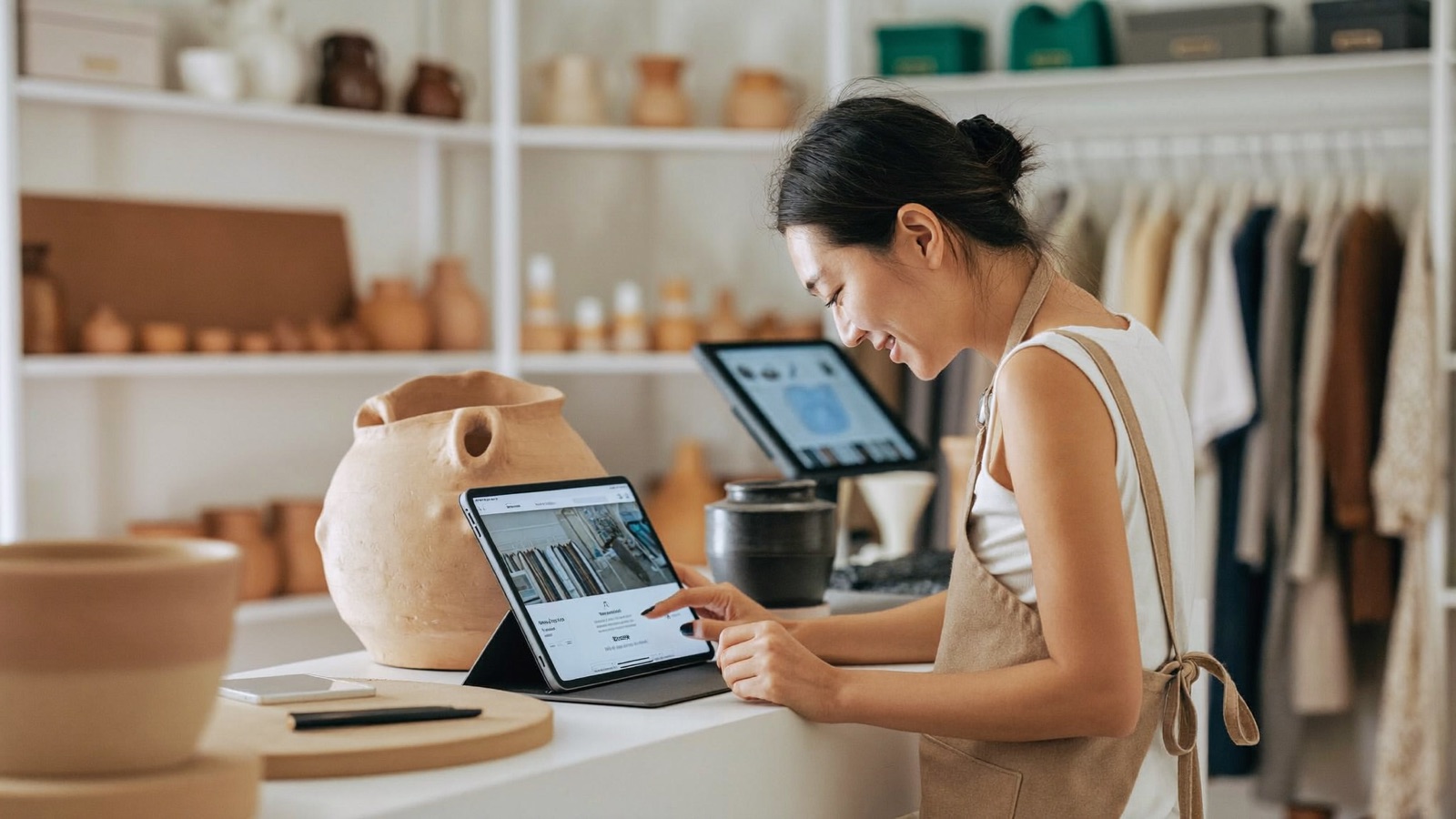 A boutique owner reviews her shop's website on a tablet