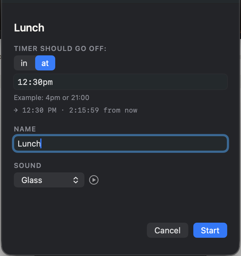 Quick Timer New Timer sheet with the at mode selected, showing a clock time of 12:30pm