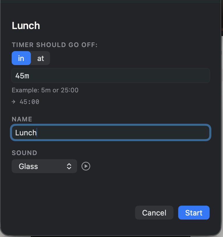 Quick Timer New Timer sheet with the in mode selected, showing a 45m duration