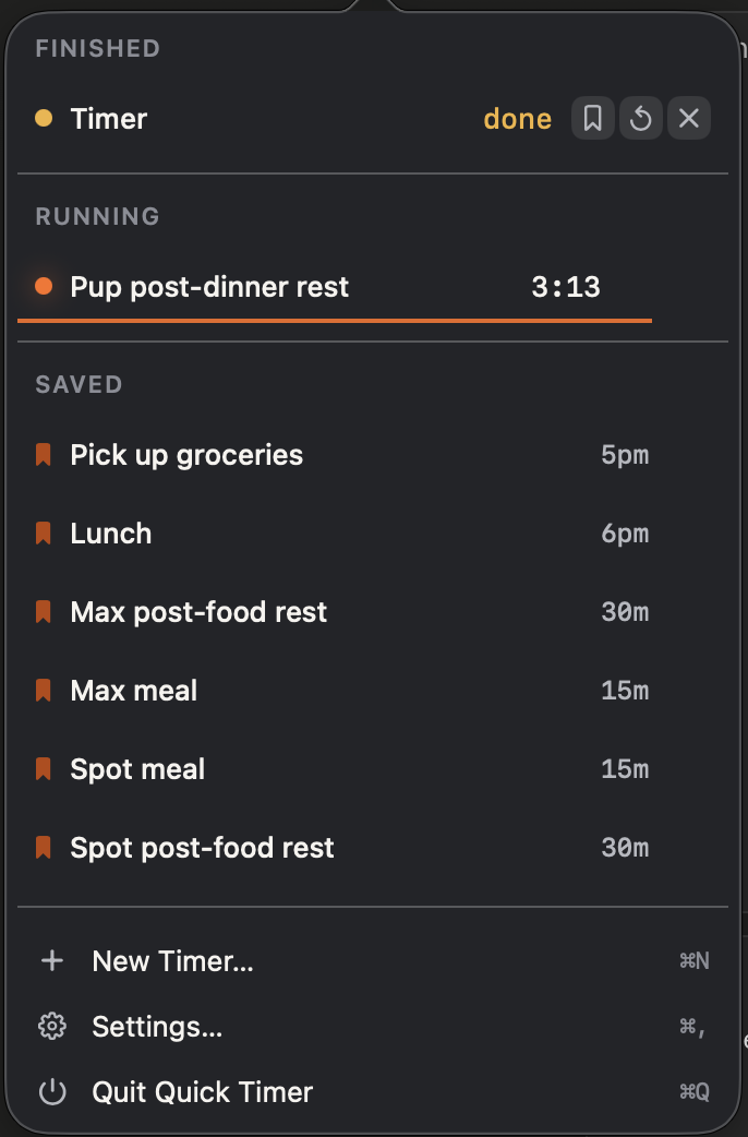Quick Timer popover with a finished timer, a running timer, and saved presets